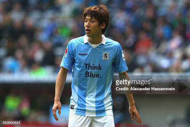 Yuya Osako of 1860 Muenchen looks on during the Second Bundesliga League match between 1860 Muenchen and Karlsruher SC at Allianz Arena on April 6,...