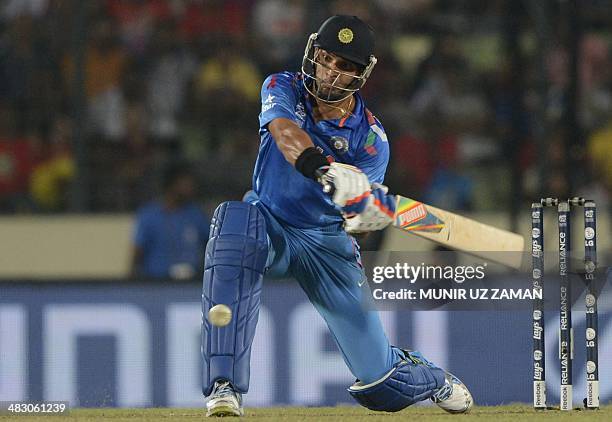 India cricketer Yuvraj Singh plays a shot during the ICC World Twenty20 cricket tournament final match between India and Sri Lanka in The...