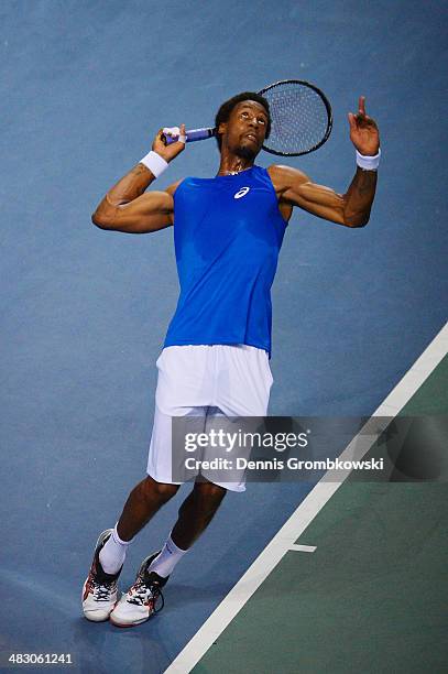 Gael Monfils of France serves in his match against Peter Gojowczyk of Germany during day 3 of the Davis Cup Quarter Final match between France and...