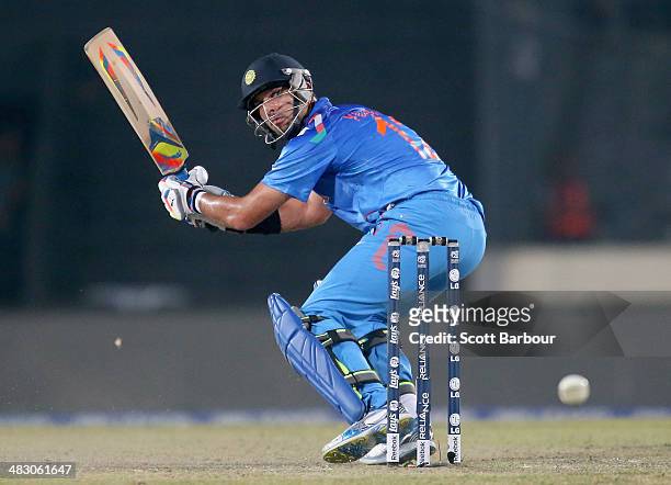 Yuvraj Singh of India misses the ball during the Final of the ICC World Twenty20 Bangladesh 2014 between India and Sri Lanka at Sher-e-Bangla Mirpur...