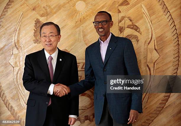 In this handout photo provided by the United Nations, Rwandan President Paul Kagame meets with United Nations Secretary General Ban Ki-moon at the...