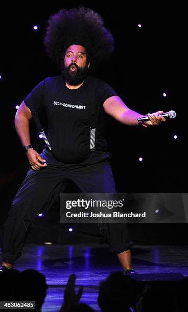 Reggie Watts performs at KROQ 106.7 FM Kevin & Bean's April Foolishness 2014 at the Shrine Auditorium on April 5, 2014 in Los Angeles, California.