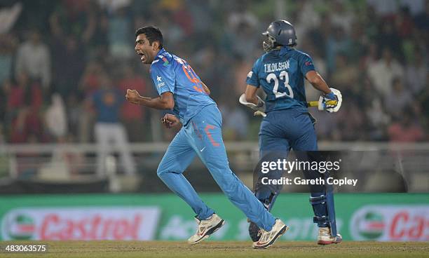 Ashwin of India celebrates dismissing Tillakaratne Dilshan of Sri Lanka during the ICC World Twenty20 Bangladesh 2014 Final between India and Sri...