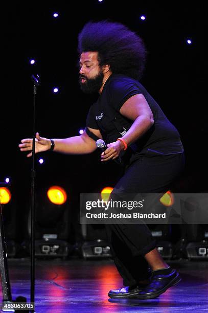 Reggie Watts performs at KROQ 106.7 FM Kevin & Bean's April Foolishness 2014 at the Shrine Auditorium on April 5, 2014 in Los Angeles, California.