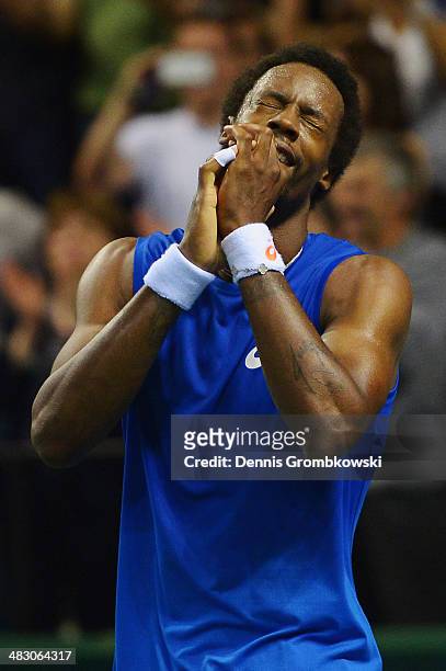 Gael Monfils of France celebrates after winning his match against Peter Gojowczyk of Germany during day 3 of the Davis Cup Quarter Final match...