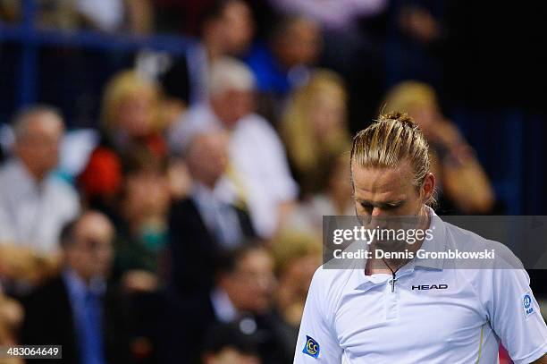 Peter Gojowczyk of Germany reacts during his match against Gael Monfils of France during day 3 of the Davis Cup Quarter Final match between France...