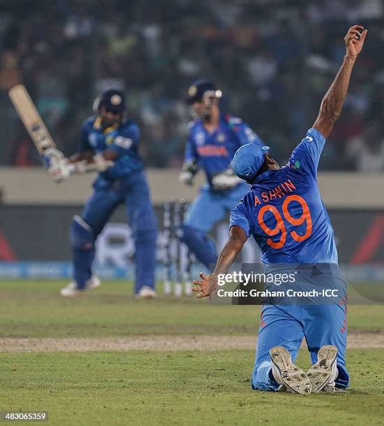 Ravichandran Ashwin of India takes a catch to dismiss Mahela Jayawardene of Sri Lanka during the India v Sri Lanka Final - ICC World Twenty20...