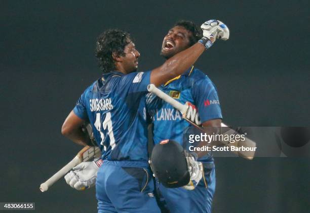 Kumar Sangakkara and Thisara Perera of Sri Lanka celebrates as Sri lanka win the Final of the ICC World Twenty20 Bangladesh 2014 between India and...