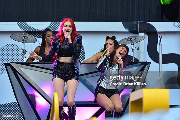 Singers Caroline Hjelt and Aino Jawo of the group Icona Pop perform at MetLife Stadium on August 5, 2015 in East Rutherford, New Jersey.
