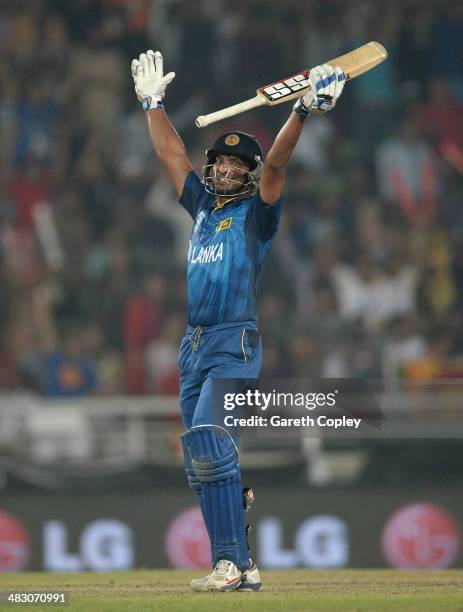 Kumar Sangakkara of Sri Lanka celebrates winning the ICC World Twenty20 Bangladesh 2014 Final between India and Sri Lanka at Sher-e-Bangla Mirpur...