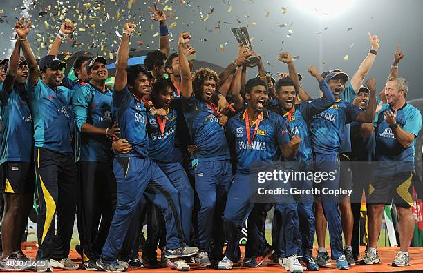 Sri Lanka celebrate winning the ICC World Twenty20 Bangladesh 2014 Final between India and Sri Lanka at Sher-e-Bangla Mirpur Stadium on April 6, 2014...