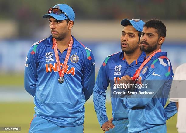 Yuvraj Singh of India looks on during the presentations after the Final of the ICC World Twenty20 Bangladesh 2014 between India and Sri Lanka at...