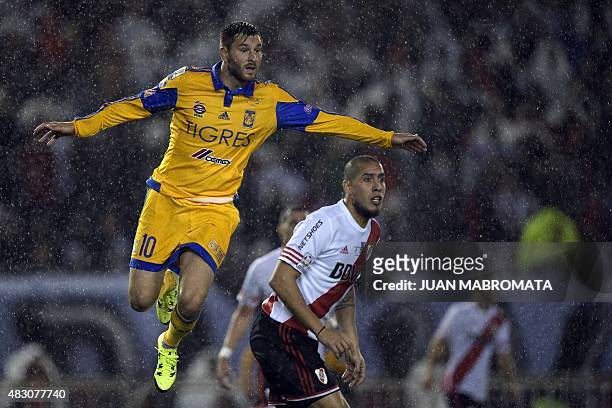 Mexican Tigres Andre Gignac jumps during the Libertadores Cup second leg final match against Argentinian River Plate at Antonio Vespucio stadium, in...
