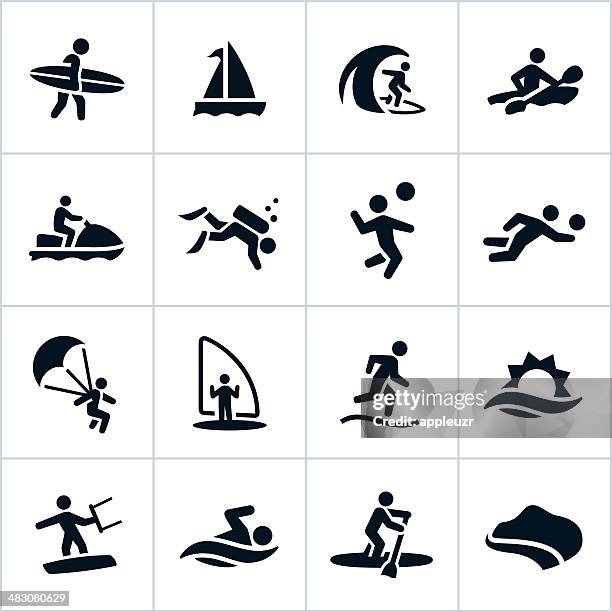 ilustrações, clipart, desenhos animados e ícones de preto praia ícones de recreação - windsurfe