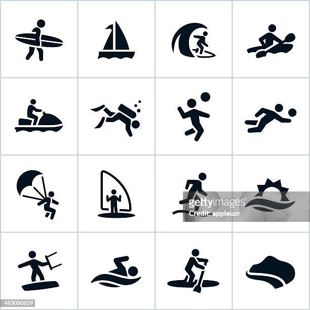 black beach recreation icons - parascending stock illustrations