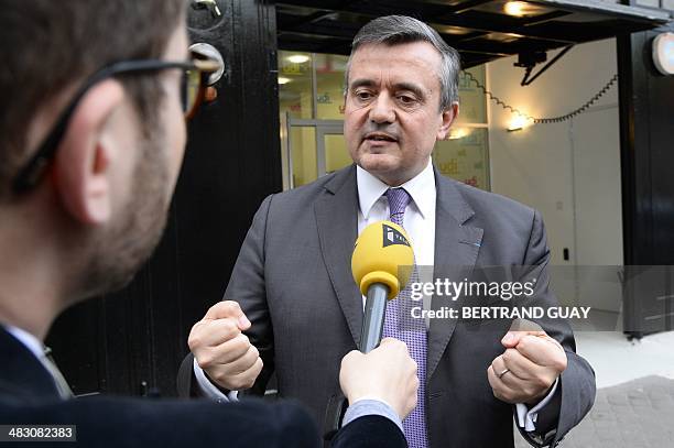 French centrist UDI party member of Parliament Yves Jego speaks to the press at the party's headquaters in Paris, on April 6, 2014 after the UDI...