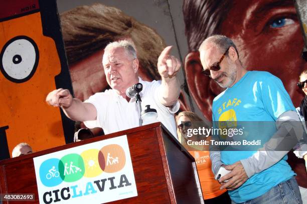 Councilmember Tom LaBonge and Executive Director of CicLAvia Aaron Paley attend the 9th annual CicLAvia iconic Wilshire Boulevard opening ceremony on...