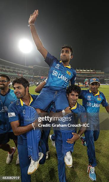 Mahela Jayawardene of Sri Lanka on a the victory lap following their victory in the India v Sri Lanka ICC World Twenty20 Bangladesh 2014 Final at...