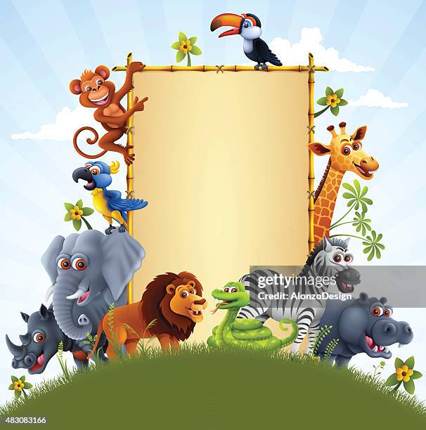 ilustrações, clipart, desenhos animados e ícones de animais da selva com sinal de bambu - jardim zoológico