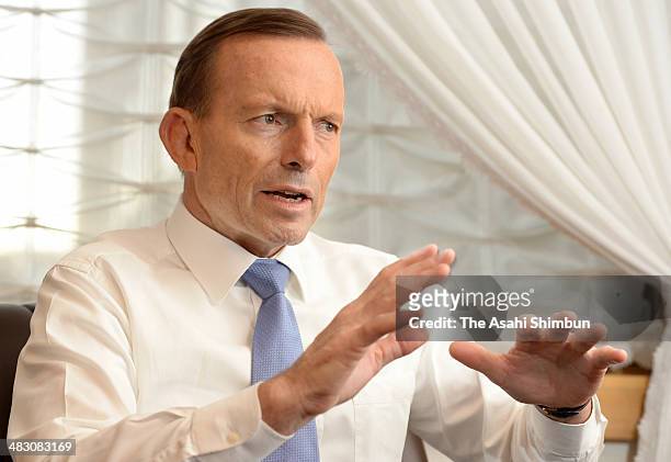Australian Prime Minister Tony Abbott speaks during the Asahi Shimbun interview on April 6, 2014 in Tokyo, Japan. Abbott is on tour to Japan, South...