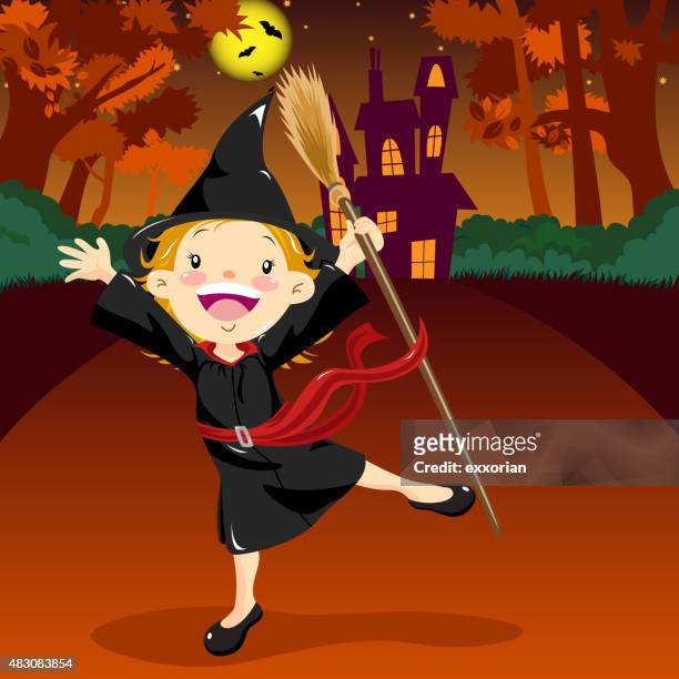 stockillustraties, clipart, cartoons en iconen met halloween witch - girl full moon