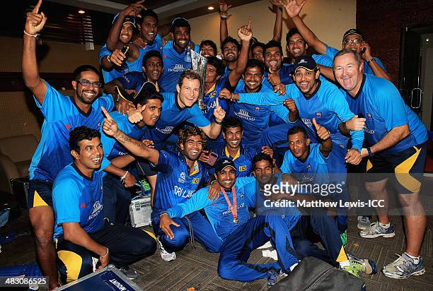 Sri Lanka celebrate defeating India after the ICC World Twenty20 Bangladesh 2014 Final between India and Sri Lanka at Sher-e-Bangla Mirpur Stadium on...