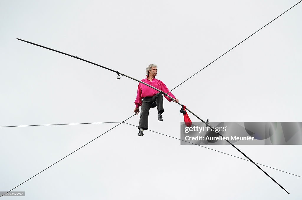 Tightrope Walker Denis Josselin Attempts To Cross The Seine