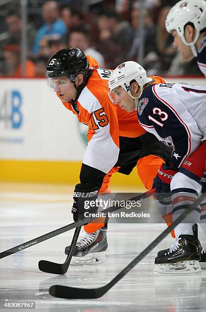 Tye McGinn of the Philadelphia Flyers looks on against Cam Atkinson of the Columbus Blue Jackets on April 3, 2014 at the Wells Fargo Center in...