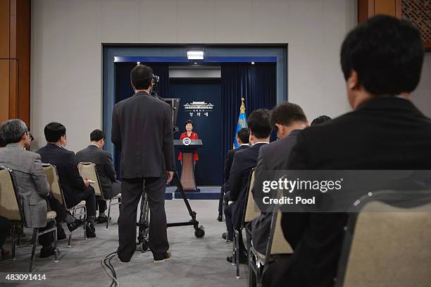 South Korea's President Park Geun-Hye speaks during a live television broadcast at the presidential Blue House on August 6, 2015 in Seoul, South...