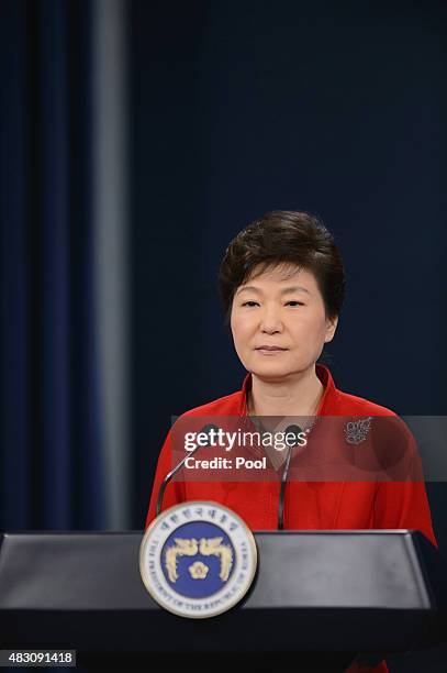 South Korea's President Park Geun-Hye speaks during a live television broadcast at the presidential Blue House on August 6, 2015 in Seoul, South...