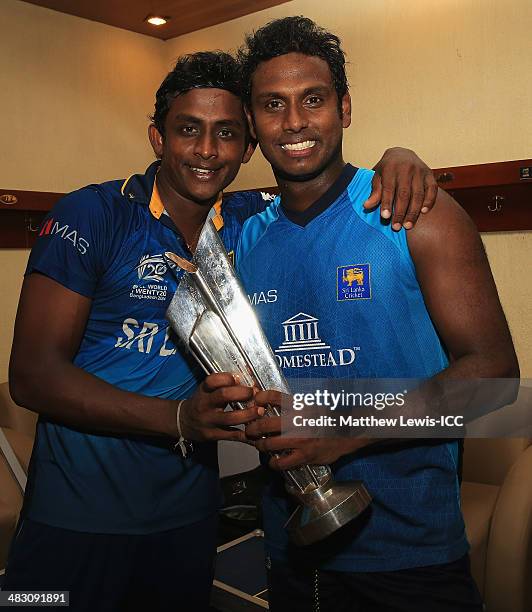 Ajantha Mendis and Angelo Mathews of Sri Lanka celebrate winning the ICC World Twenty20 Bangladesh 2014 Final between India and Sri Lanka at...