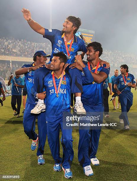 Kumar Sangakkara of Sri Lanka celebrates his team's win over India after the ICC World Twenty20 Bangladesh 2014 Final between India and Sri Lanka at...