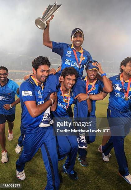 Mahela Jayawardena of Sri Lanka celebrates his team's win over India after the ICC World Twenty20 Bangladesh 2014 Final between India and Sri Lanka...