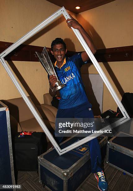 Ajantha Mendis of Sri Lanka celebrates winning the ICC World Twenty20 Bangladesh 2014 Final between India and Sri Lanka at Sher-e-Bangla Mirpur...