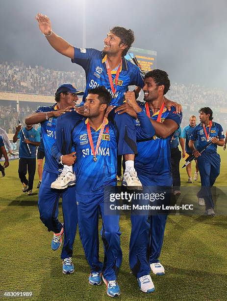 Kumar Sangakkara of Sri Lanka celebrates his team's win over India after the ICC World Twenty20 Bangladesh 2014 Final between India and Sri Lanka at...