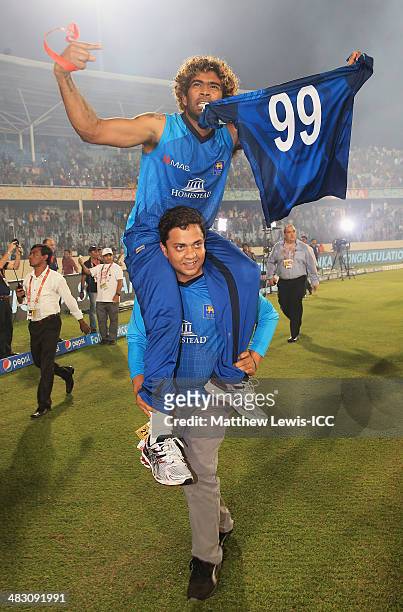 Lasith Malinga of Sri Lanka celebrates his team's win over India after the ICC World Twenty20 Bangladesh 2014 Final between India and Sri Lanka at...
