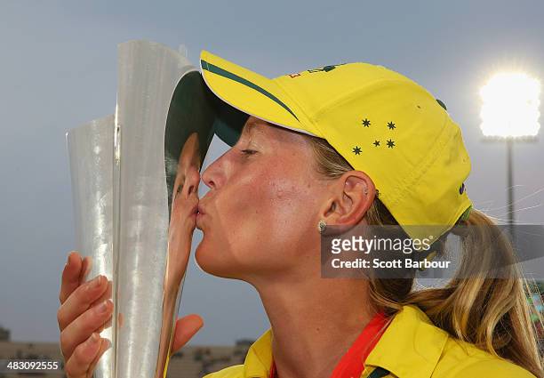 Meg Lanning, captain of Australia kisses the trophy after winning the Final of the ICC Women's World Twenty20 Bangladesh 2014 between Australia Women...