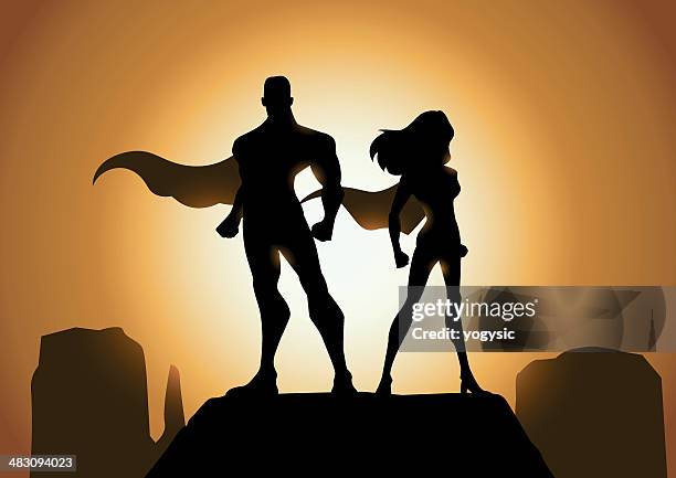 stockillustraties, clipart, cartoons en iconen met superhero couple silhouette - super heroes