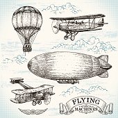 Vector hand-drawn vintage flying machines
