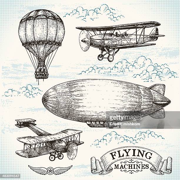 vector hand-drawn vintage flying machines - cloud sky illustration stock illustrations