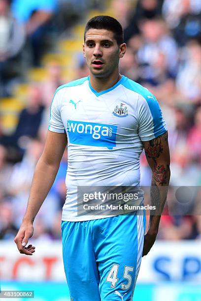 Aleksander Mitrovic of Newcastle in action during the Pre Season Friendly between Newcastle United and Borussia Moenchengladbach at St James' Park on...