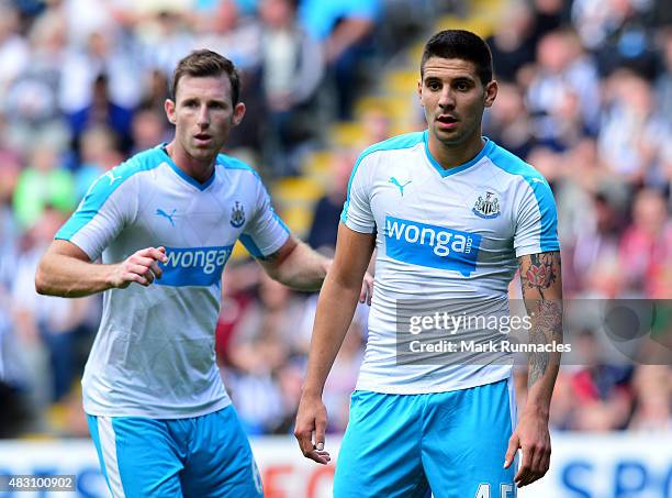 Aleksander Mitrovic , of Newcastle in action during the Pre Season Friendly between Newcastle United and Borussia Moenchengladbach at St James' Park...