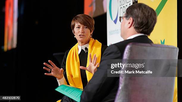 Margie Abbott speaks on stage during the 2015 BCF Women In Business & Sport Leaders Lunch at Doltone House, Jones Bay Wharf on August 6, 2015 in...