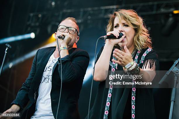 Torquil Campbell and Amy Millan of Stars perform on Day One of the Osheaga Music and Arts Festival on July 31, 2015 in Montreal, Canada.