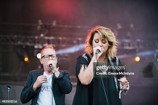 Torquil Campbell and Amy Millan of Stars perform on Day One of the Osheaga Music and Arts Festival on July 31, 2015 in Montreal, Canada.