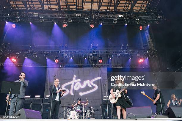 Torquil Campbell, Amy Millan and Evan Cranley of Stars performs on Day One of the Osheaga Music and Arts Festival on July 31, 2015 in Montreal,...