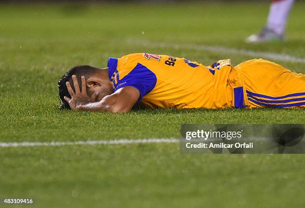 Javier Aquino of Tigres reacts after missing a chance to score during a second leg final match between River Plate and Tigres UANL as part of Copa...