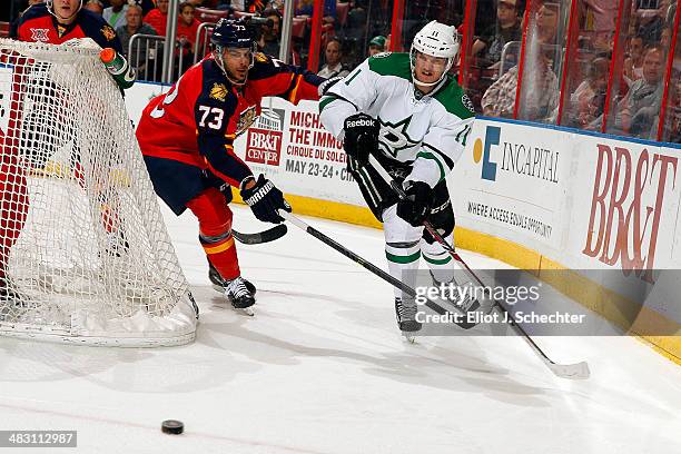 Dustin Jeffrey of the Dallas Stars skates for possession against Brandon Pirri of the Florida Panthers at the BB&T Center on April 6, 2014 in...