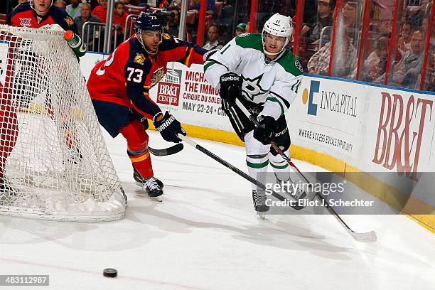 Dustin Jeffrey of the Dallas Stars skates for possession against Brandon Pirri of the Florida Panthers at the BB&T Center on April 6, 2014 in...