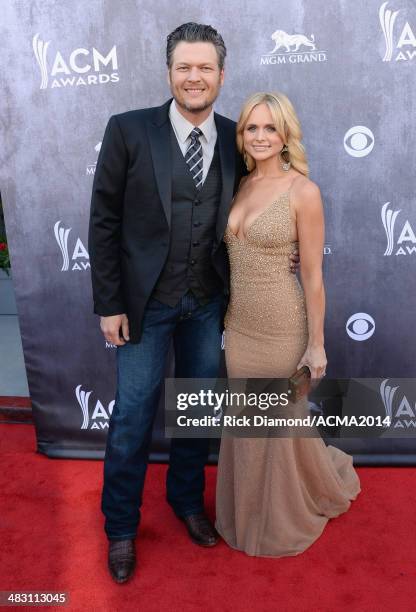 Co-host Blake Shelton and recording artist Miranda Lambert attend the 49th Annual Academy of Country Music Awards at the MGM Grand Garden Arena on...